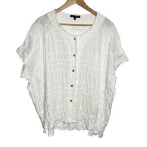 Kozan Womens Short Sleeve Button Up Crinkle Blouse XL White Lagenlook Cotton